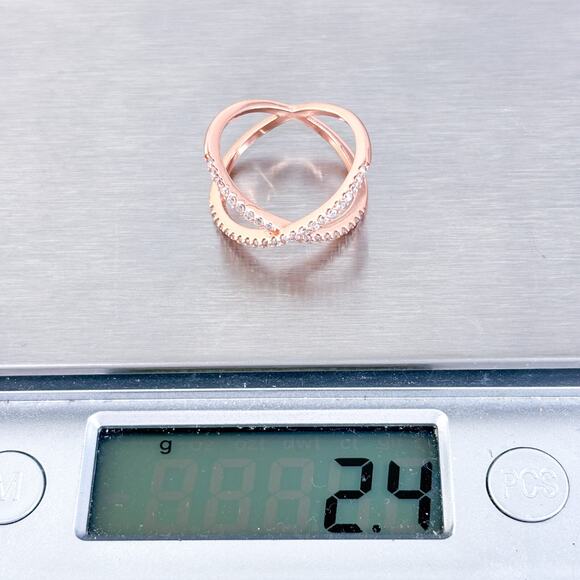 Rose Gold Tone Cubic Zirconia X-Band Ring  | Vintage Sterling Silver | Size 5.25 - Picture 8 of 10